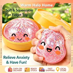 Glitter Pink Dumpling Squishy Toy Slow Rising Soft Squeeze Ball with Cute Expressions Sensory Fidget Cute Bao Bun Fidget Toy with Steamer Box for Anxiety Stress Relief