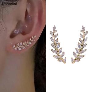 【ZP】 Cute Jewerry Sang trọng sáng bóng Rhinestone lá Stud Bông tai cho phụ nữ tinh tế lúa mì Tai Cuff Bông tai đồ trang sức cưới