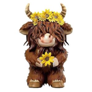Flower Themed Resins High Land Cow Figurine Home Decoration Spring Cattle Miniature Ornament for Office Desk Display