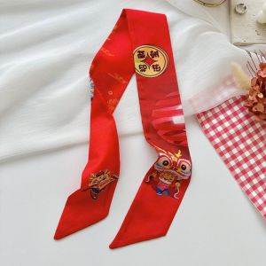 WARM HUT Printed New Year Red Silk Scarf Dragon Pattern New Year Scarves Scarf Hair Band All-match Ribbon Headband Long Scarf Women