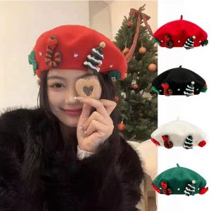 ENCOUNT Wool Christmas Beret Hat Solid Color Winter Warm Wool Beanie Cap Without eaves Winter Painter Hats Women Girls