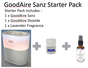 GoodAire Sanz Humidifier Starter Pack ( Consist of 1 x GoodAire Sanz Device 1 x Chlorine Dioxide ( 35 tablets) 1 x Fragrance of your choice ( Apple Lavender Eucalyptus Jardin))