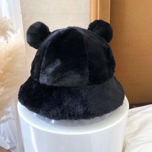WISH BOUTIQUE Girls Sweet Korean Women Bear Ears Autumn Winter Fisherman Hat Basin Hat Plush Bucket Hats