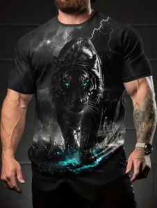 2026 T-Shirt for Men Harajuku Tiger Print Fashion Summer Short Sleeve Tops O-Neck Animal Graphic Tee Casual Loose Mens Clothing