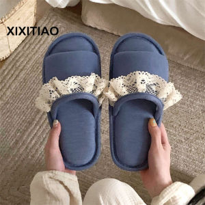 XIXITIAO Home Soft Sole Womens Summer Floor Shoes Sweet Crochet Edge Girly Comfortable All-Season Universal Slip-On Slippers