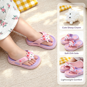 AILEBE Kids Slipper Cute Cartoon EVA Flip Flops Soft Lightweight Thick Non-Slip Sole Color Splice Design With Sheep Flower Decor Comfortable Beach Daily Slippers Tsinelas Bata For Boys Girls