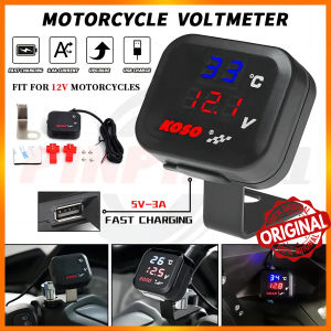 E&M KOSO Voltmeter 12V For Motorcycle/Car 3 in1 Waterproof USB Fast Charger Temperature Universal