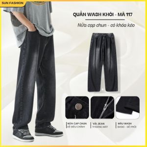 Quần jean quần bò nam nữ ống rộng 117 WASH KHÓI thiết kế nửa cạp chun mềm mại thoáng mát dễ phối đồ