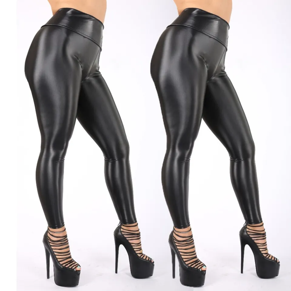 Latex Glossy Waterproof Thin PU Leather Pants Elastic Black