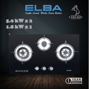 ELBA Tempered Glass 3 Burners Built-In-Hob Glass Stove EGH-K8843G (BK) High Flame 5kW Cast Iron Support Dapur Gas Kaca