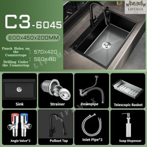 [SG Seller]SG Stock  Black Waterfall Nano Kitchen Sink 304 Stainless Steel Single Basin Bowl Tank Pullout Faucet Tap(3 Colors )