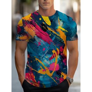 Mens Colorful Splashed Ink T-Shirt Abstract Graffiti 3D Printing Casual Short Sleeved Street Wear Hip-Hop Trend Loose Top
