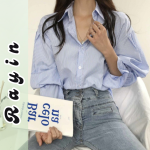 Áo sơ mi nữ kẻ sọc thiết kế form rộng tay áo cách điệu sơ mi phong cách Hàn Quốc dài tay xếp ly Rayin