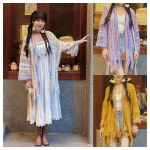 EIJINGY แถบคลื่นลาย ผ้าคลุมไหล่สไตล์ชนเผ่า สีสันสดใส พู่ห้อยคอ ผ้าพันคอกันแดดกันแดด สง่างามเรียบหรู แขนยาวแขนยาว ผ้าคลุมไหล่ถักสำหรับผู้หญิง ผู้หญิง/เด็กผู้หญิง