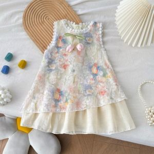 CANICECA Summer Girls Dress A-Line Tulip Print Kids Dress Trendy Flowy Princess Outfit for Ages 3-11