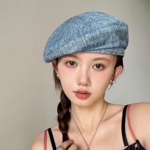FIRST British Style Denim Beret Cloth Korean Style Retro Painter Hat Personality Artist Hat Denim Octagonal Hat Ladies