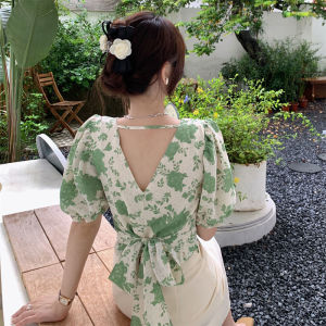 Ssee Áo Thun trang phục hở lưng áo Thun ngoại cỡ áo tay ngắn hoa cổ chữ V Thắt lưng dây nơ mùa hè cho nữ