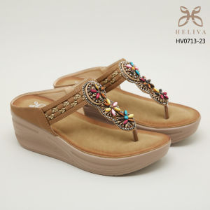 HELIVA ADELA Sandal Wedges Santai Wanita Aksen Etnik Manik Sol 6cm HV0713-23