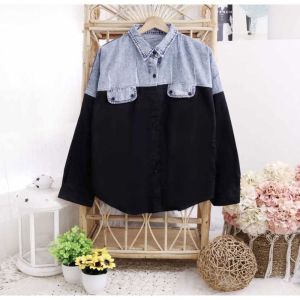 KEMEJA WANITA KATUN KOMBINASI DENIM OVERSIZE 9045
