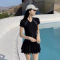 Switching contrasting swimsuit women with chest pad safety pants conjoined swimsuit. 