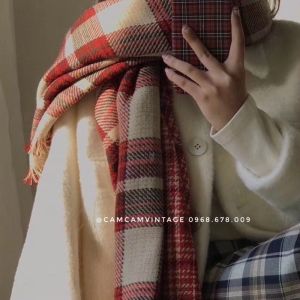 KHĂN QUẢNG CỔ NAM NỮ CHOẢNG CỔ NAM KHĂN ĐÔI NAM NỮ QUÀ TẶNG MỀM MỊN NHẸ ẤM - CARO ĐỎ CAMCAMVINTAGE