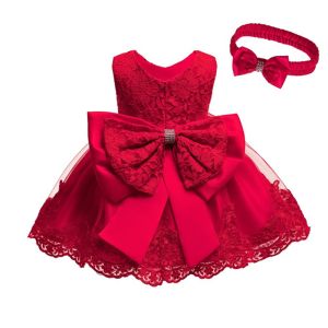 Newborn Baby Girl Dress Set Infant 1 Year Birthday Princess Bowknot Lace Gown Toddler Wedding Party Dresses with Headband