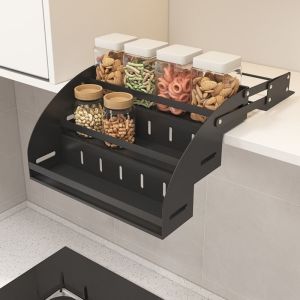 MICANGP Retractable 3-Tier Pull Down Spice Rack Stainless Steel Anti Deformation Pull Down Spice Rack Versatile Space Saving Seasoning Storage Rack for Top Cabinet