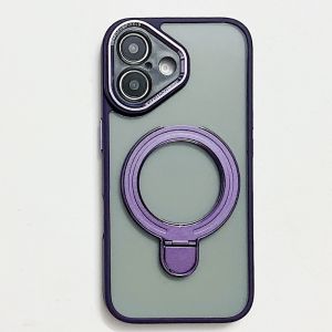 Case For iPhone 16 Pro Max 16Plus Transparent Hard Back Shockproof Casing With Stand Holder 16Pro Black Purple