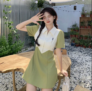 [Long and Short Styles ]Dress Women Korean Style Large Contrast Color Patchwork Polo Neck Short Sleeve Dress For Women In Summer Fat Mm Medium Length Skirt With Thin Split Skirt