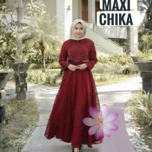 GAMIS FULL BRUKAT CHIKA M L XL XXL/ MAXI SERAGAM FASHION MUSLIM/ DRESS PESTA KONDANGAN
