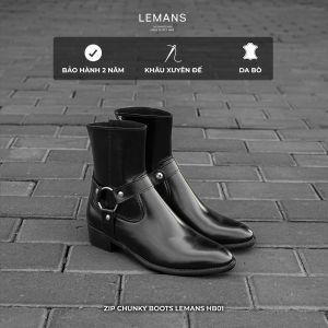 Giày da bò Harness Boots.2 nam Lemans gót cao 6cm vân phíp gỗ khóa kéo YKK bảo hành 24 tháng