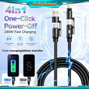 KEBIDUMEI NEW240W Quick Charge Cable with ON/OFF Switch 1.5m 4-in-1 USB-A Type-C Input to Type-C Lightning Output 480Mbps Transfer Removable Lightning Tip – Stop Overcharging Charge All Your Devices with One Cord