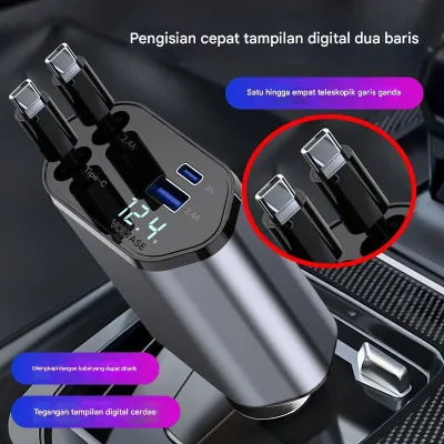 120W Car Charger Fast Charging Charger Mobil 4In1 Rectractable Cable Type C Dan Iphone Usb 12V-24V