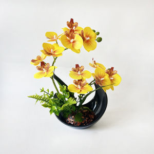 BHQ Artificial Butterfly Orchid Flower with Crescent Pot 12 Heads Phalaenopsis Bonsai Home Office Table Decor