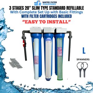 Water Filtration System Top Selling 3 Stages 20" Slim Type Refillable Deepwell Standard Set Up Complete Set With Gray UPVC Fittings with 1 Sediment Filters and 1 Carbon Block 1 Refillable Water Softener Different Variation