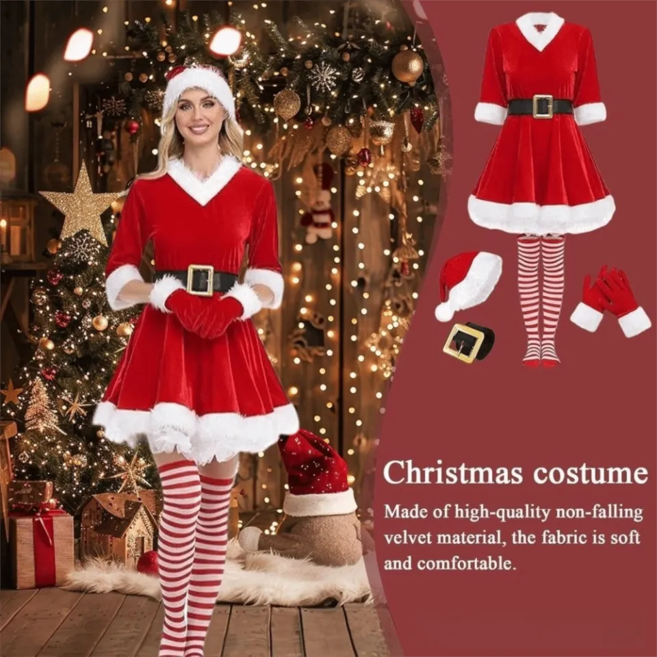 chinese dress ladies IKALI Women Christmas Costume Santa Elf Dress Roleplay Party Gift Adult  Fancy Dress Up Outfit with Hat Belt Sock Necklace S-XL
