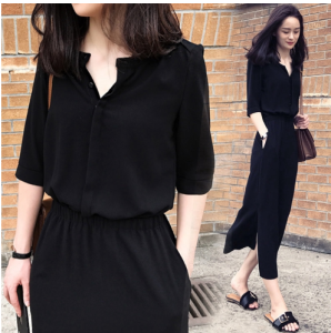 LOMOGI Women Elegant Solid Color Casual Elastic Waist Split Dress Korean V Neck Soft Half Sleeve Pockets Chiffon Midi Dresses
