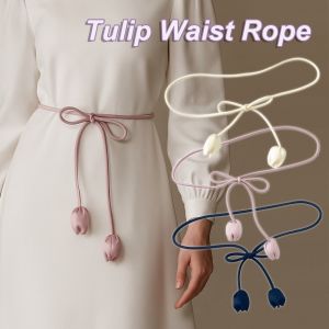 MKEB MALL Da PU Dây thắt lưng hoa tulip Hình tròn Dài Dây thắt lưng hoa Cổ điển Mỏng Thắt lưng váy thắt nút Váy nữ