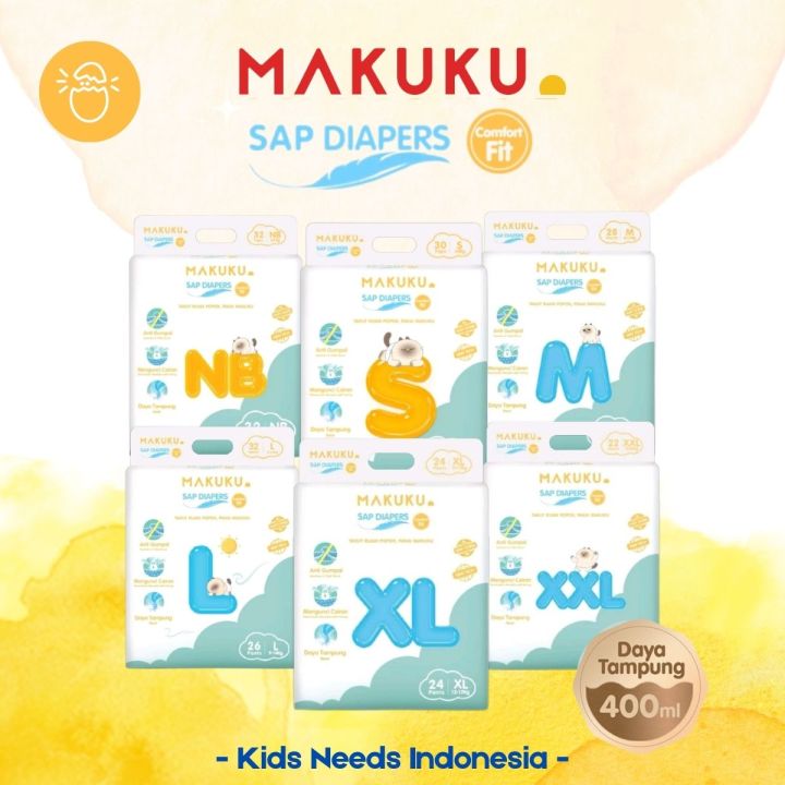 MAKUKU SAP DIAPERS COMFORT FIT POPOK BAYI NB32 S30 M28 L26 XL24 XXL22 ...