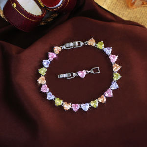 SEQUITO Women Elegant Silver Plated Jewelry Pave Setting Colorful AAAAA Cubic Zircon Heart Shape Bracelet for Party B416