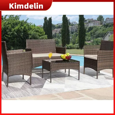 KIMDELIN 4 Pieces Patio Outdoor Rattan Wicker Chair Conversation Garden Backyard Balcony Porch Poolside Furniture Sets with Soft Cushion and Glass Table Brown and Black