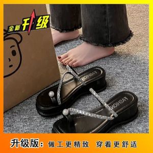 [Free Shipping] WomenS Summer New Style Wedge Heel Slip-On Sandals With Rhinestones Height-Increasing Suitable For Pairing With Skirts One-Strap Slippers