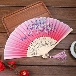 FOUNDTWO Vintage Wedding Party Party Gifts Bamboo Art Craft Silk Folding Hand Held Pattern Folding Fan Hand Held Flower Fan Photo Prop Tool Dance Hand Held Silk Fan