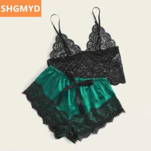 [COD] SHGMYD 1 Pajamas Set Womens Lace Sleepwear Lingerie Crop Tops And Shorts Babydoll Pajamas Underwear Nightwear
