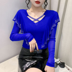 YIMEI 2023 Fashion Hollow out V-neck Mesh Purple Top Heavy Duty Ruffle Edge T-shirt Spring New Long Sleeve Womens Hot Diamond Dance Shirt