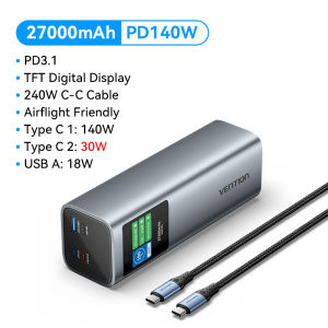 Vention 140W 27000mAh Powerbank with LED Display 3 Port Charging powerbanks fast charging power station for Laptop MacBook iPhone 16 15 14 13 pro max ipad apple Samsung S24 S23 Ultra Huawei Mate 60 Xiaomi VIVO OPPO Portable diginut power bank