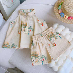 Bear Leader Chinese Style Clothing Sets for Baby Girls Summer Cute Ladies Print Sleeveless Vest Chinese Knot Pendant T-shirt and Shorts 2 Pcs Suits 2-7 Years Kids Clothes