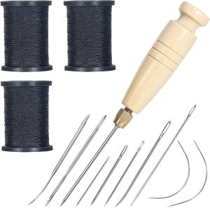 3-Spool Nylon Thread for Sewing Each 80 Yards Thick Thread Kit for Include Sewing Awls & 7 Needles for Hand Sewing Upholstery Thread & Needle for Repairing Leather Shoes Furniture