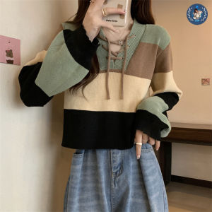 💥[A071] Áo len nữ Montoghi dệt kim cổ chữ V TAY DÀI có DÂY RÚT CỔ dáng rộng sọc phong cách HQ - L2M