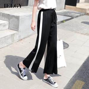 IELGY Womens pants casual wide leg chiffon loose split thin nine points fashion all-match